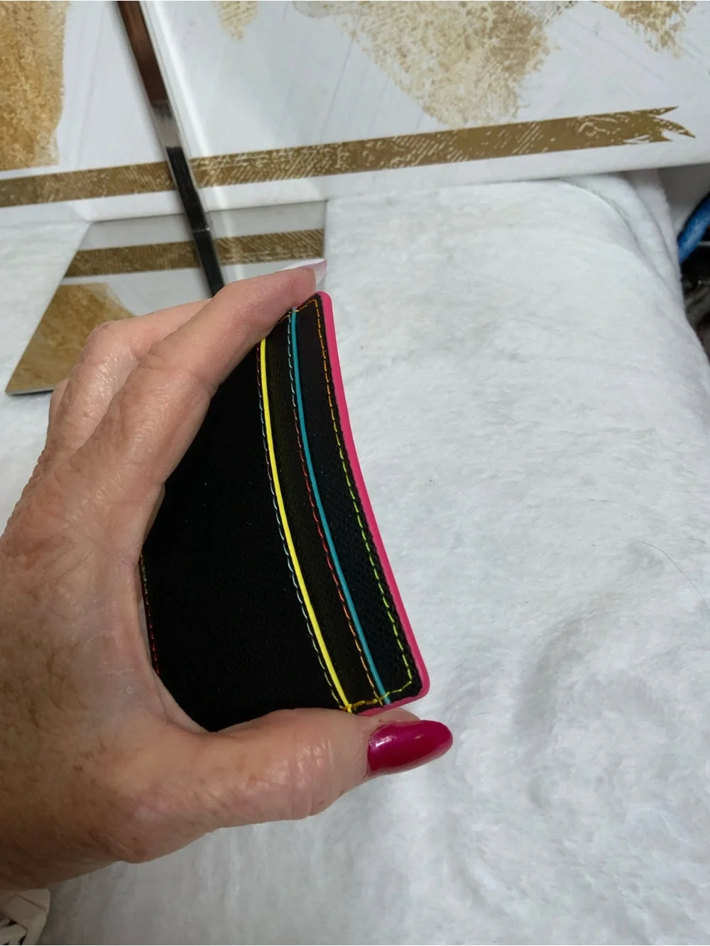 Kurt Geiger Black Card & Key Holder with Pink Edge and Yellow Stitching